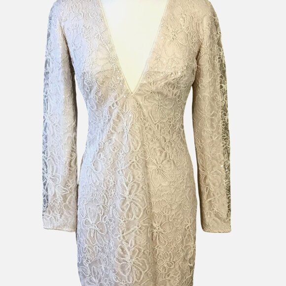 Tadashi Sho Tan Plunge V-Neck LS Lined Embroidered Lace Mini Dress 12 NWT